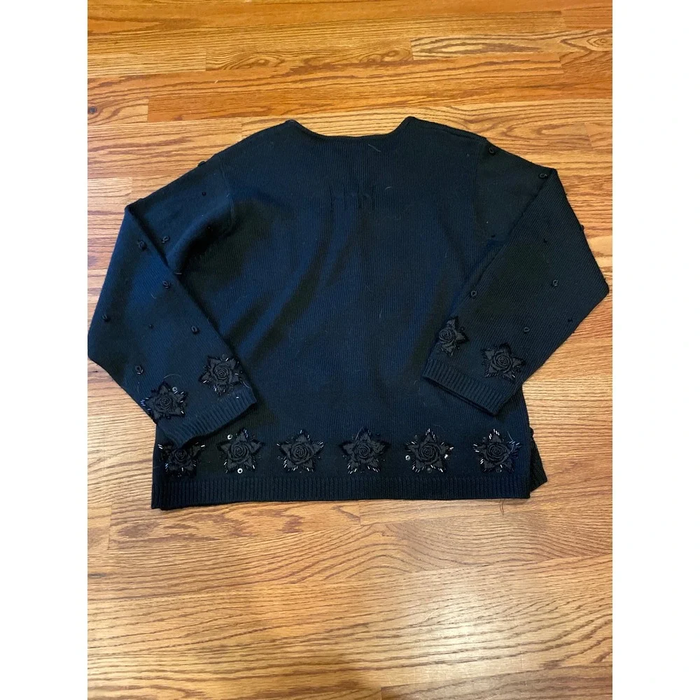 Marisa Christina Women Cardigan Large Black Beaded Floral Wool Blend Sweater‎
